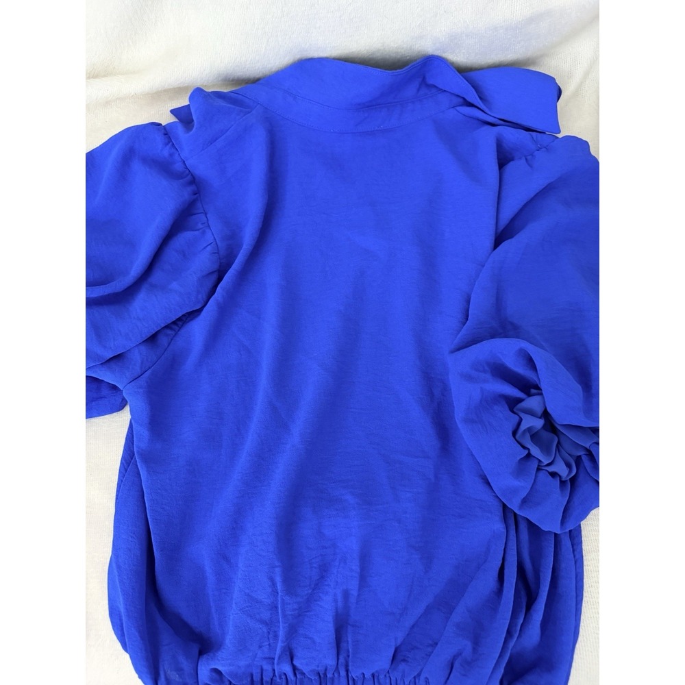 Flying Tomato Top Womens L Cobalt Blue Bubble Hem Blouse Puff Sleeve Collared - Picture 6 of 8